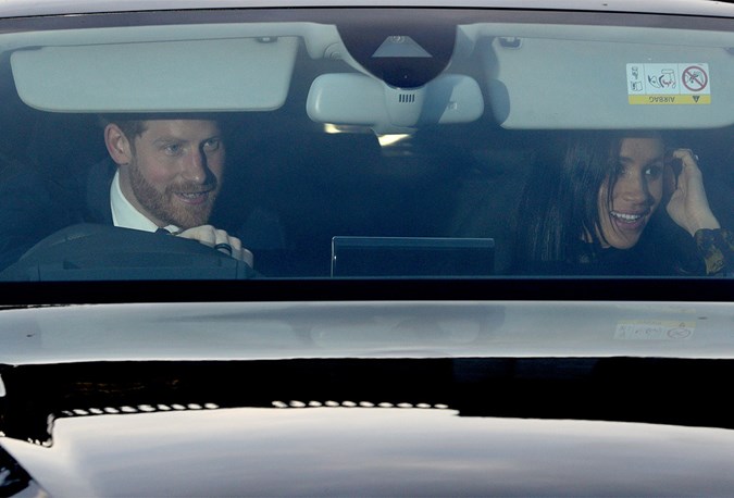 Harry and Meghan arriving at Queen's annual lunch, 2018