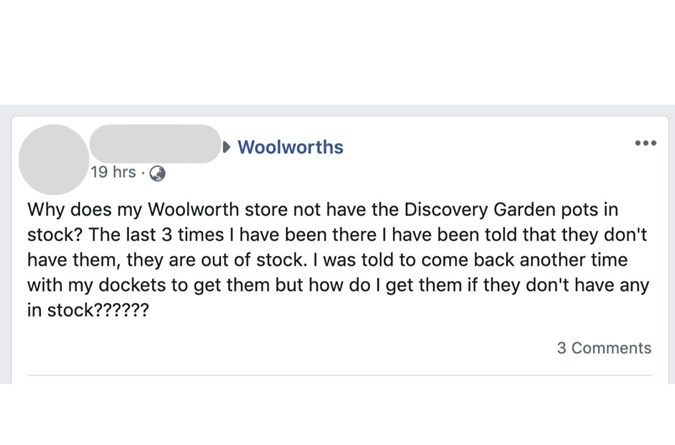 This customer has had no joy 3 times attempting to collect seedlings at their local store. Image: Facebook
