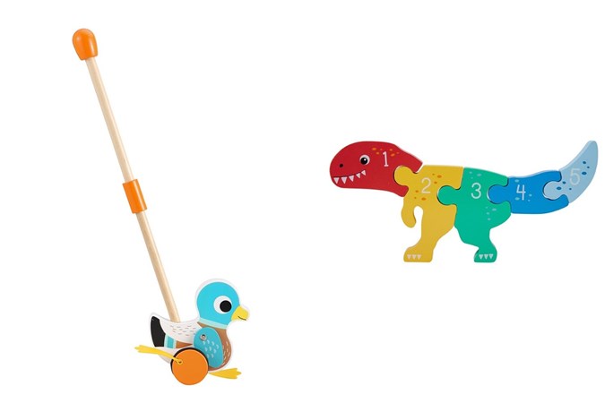 Push Along Duck With Flappy Feet and 1-5 Dino Puzzle. Image: Kmart