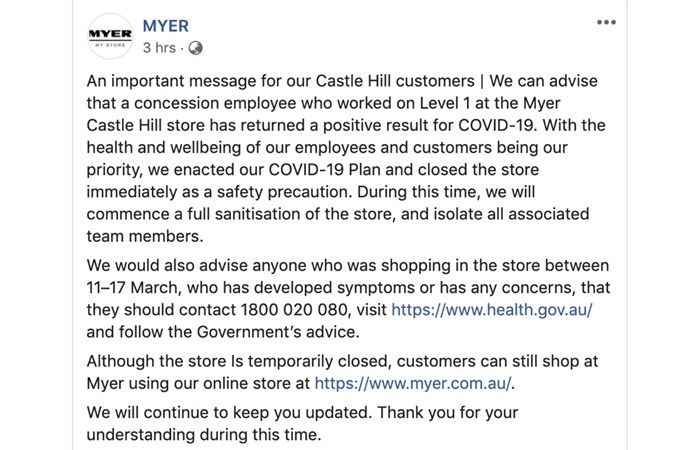 Myer Castle Hill store has closed after an employee tested positive for coronavirus. Image: Myer/Facebook