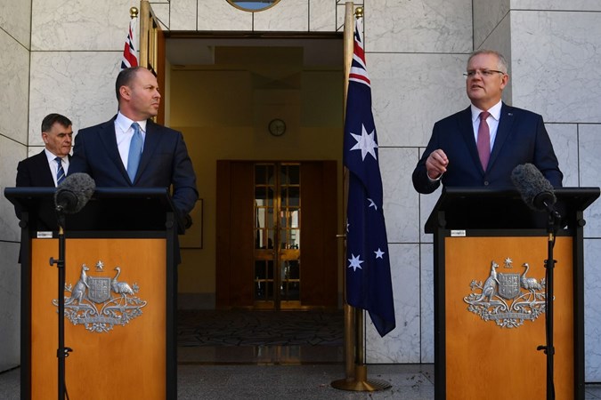 Australian Treasurer Josh Frydenberg and Australian Prime Minister Scott Morrison. Image: Getty