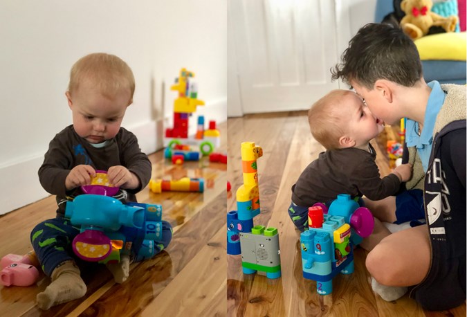 Focused and determined! Louis stops only to give his big brother a kiss. Awww!