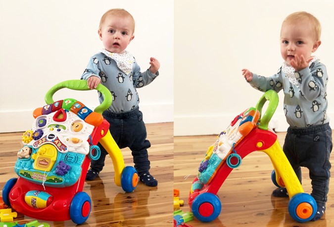 "What do you mean it's only 6am? I have places to go! People to see!  Play dates to attend!" Louis has his transport ready to rock and roll...